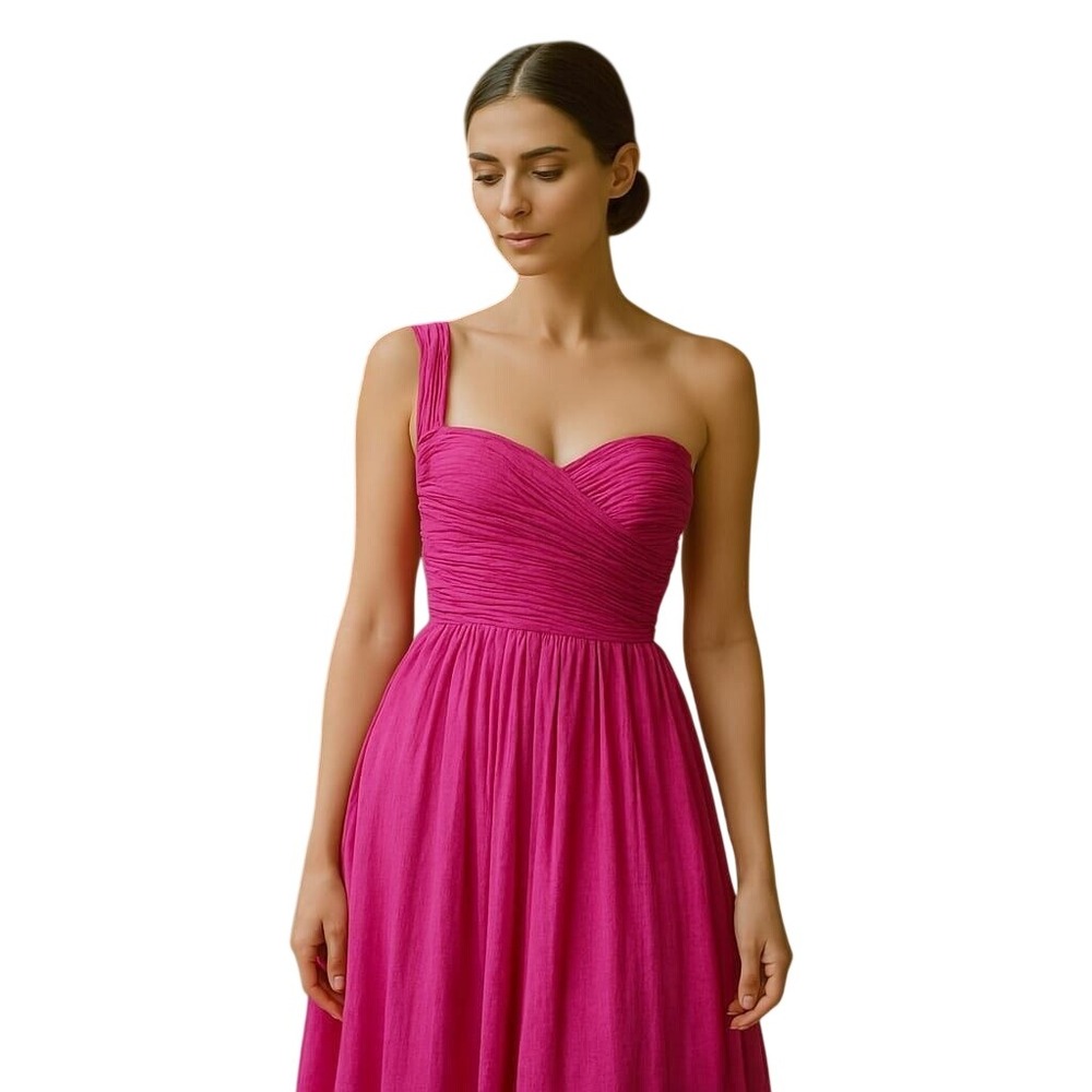 Aspeed Hot Pink Ruched One-Shoulder Formal Evening‎ Gown Maxi Prom Dress Size M